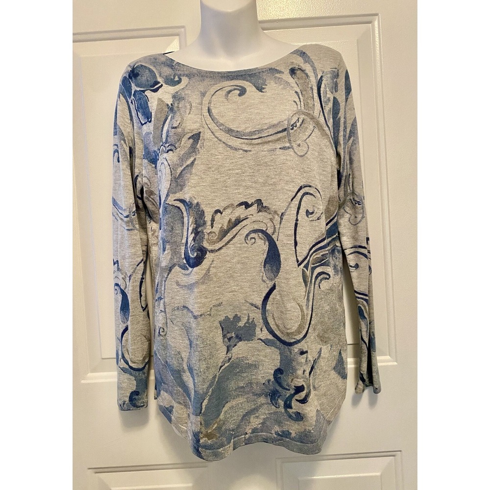 Chico's Women's Gray Blue White Floral Long Sleeve Knit Blouse 0 Small